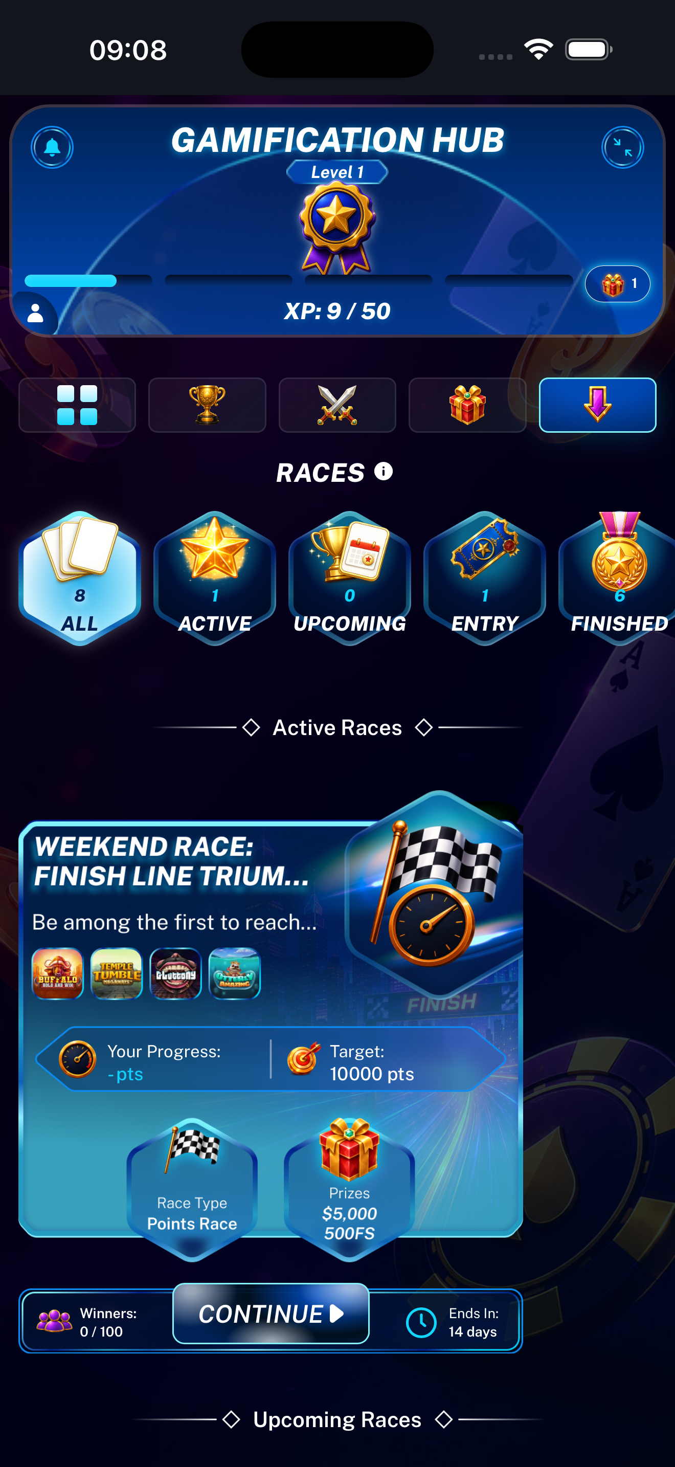 Races landing page displayed on a mobile phone